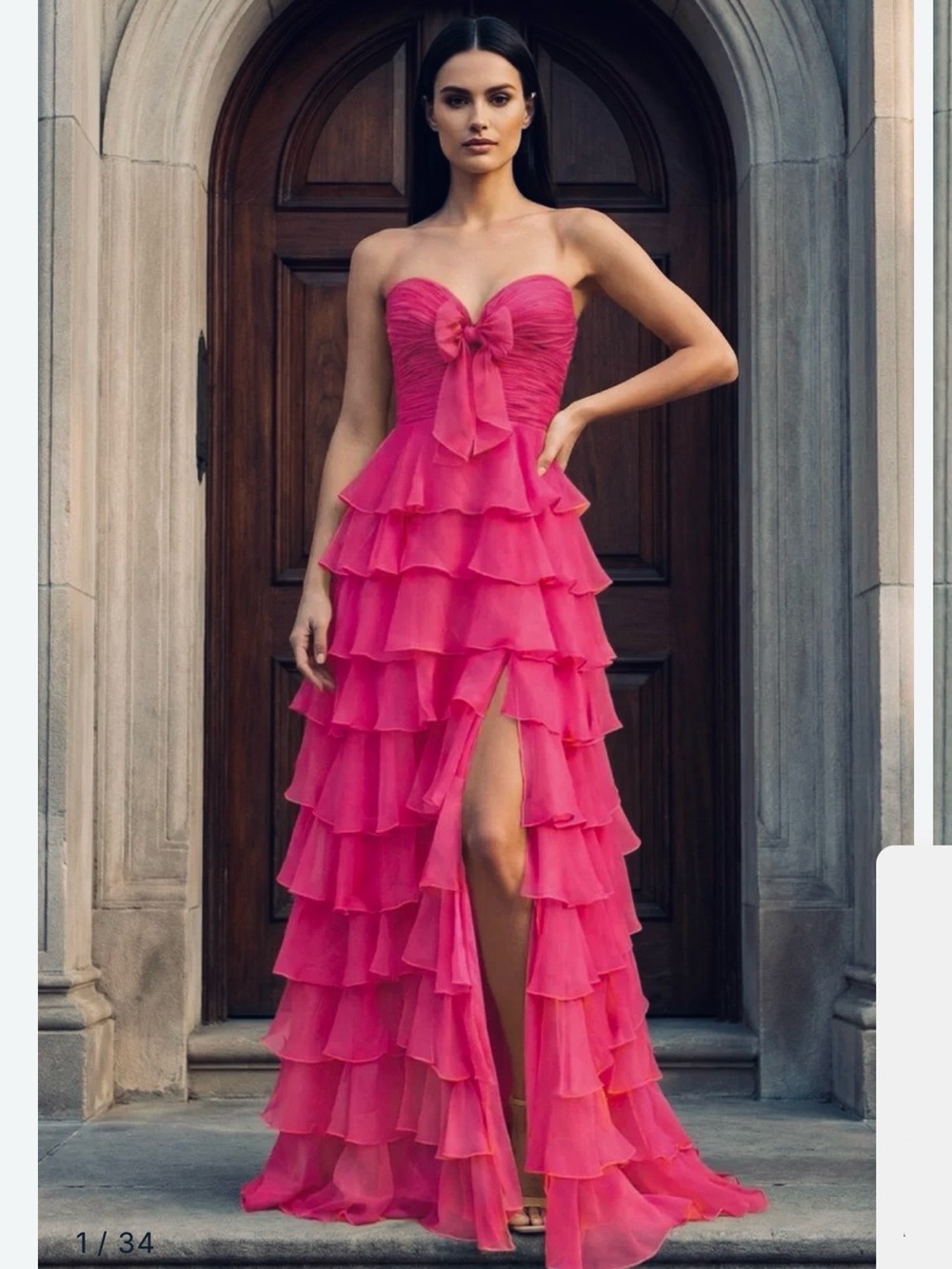 Strapless Hot Pink Ruffled Maxi Dress with Front Slit